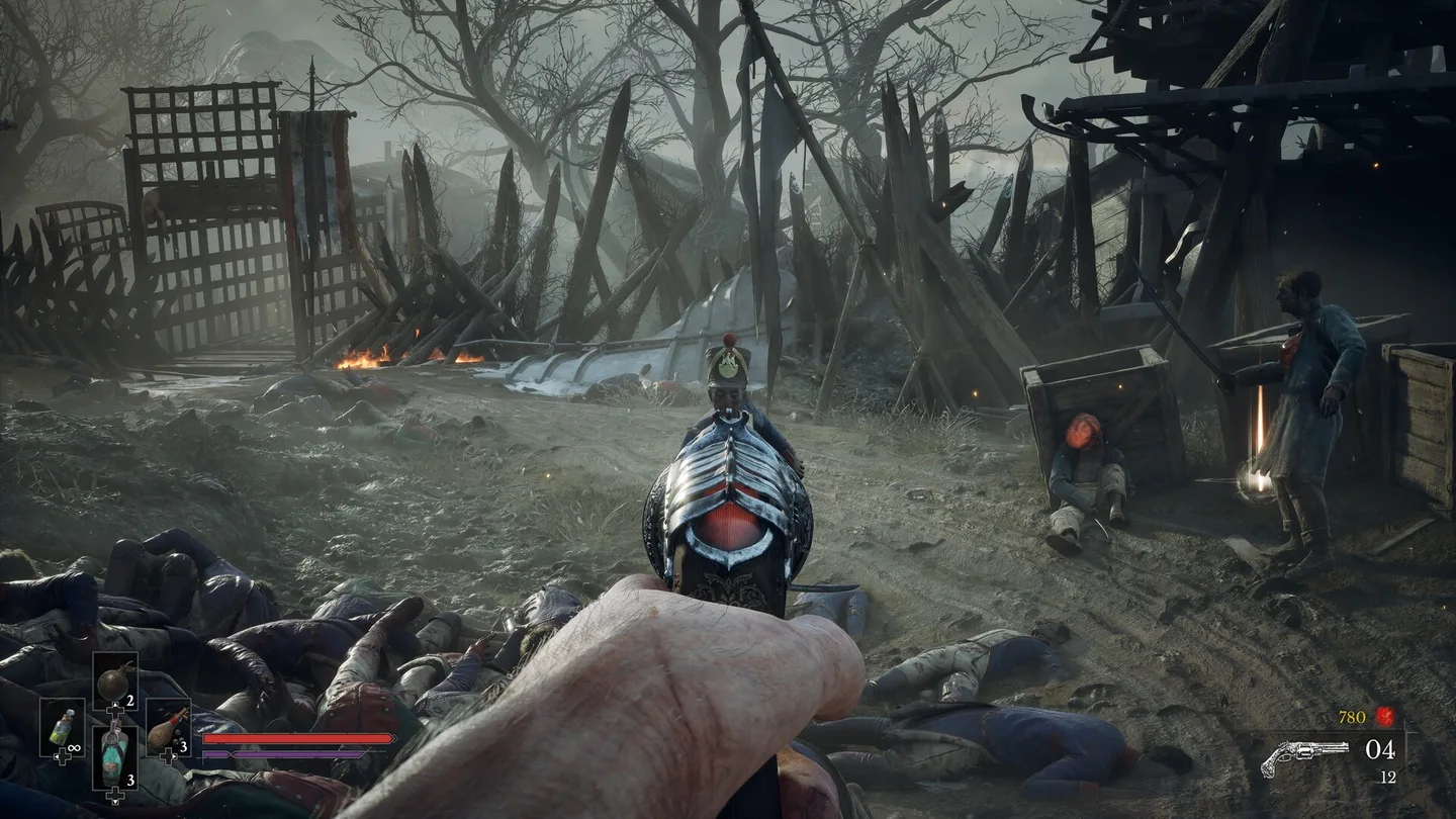 A pistol aimed down a ruined village lane in an official Valor Mortis gameplay screenshot A pistol aimed down a ruined village lane in an official Valor Mortis gameplay screenshot